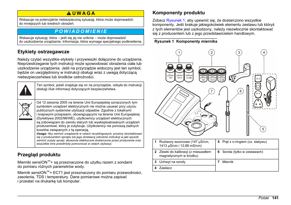 Etykiety ostrzegawcze, Przegląd produktu, Komponenty produktu | Hach-Lange SENSION+ EC71 User Manual | Page 141 / 362