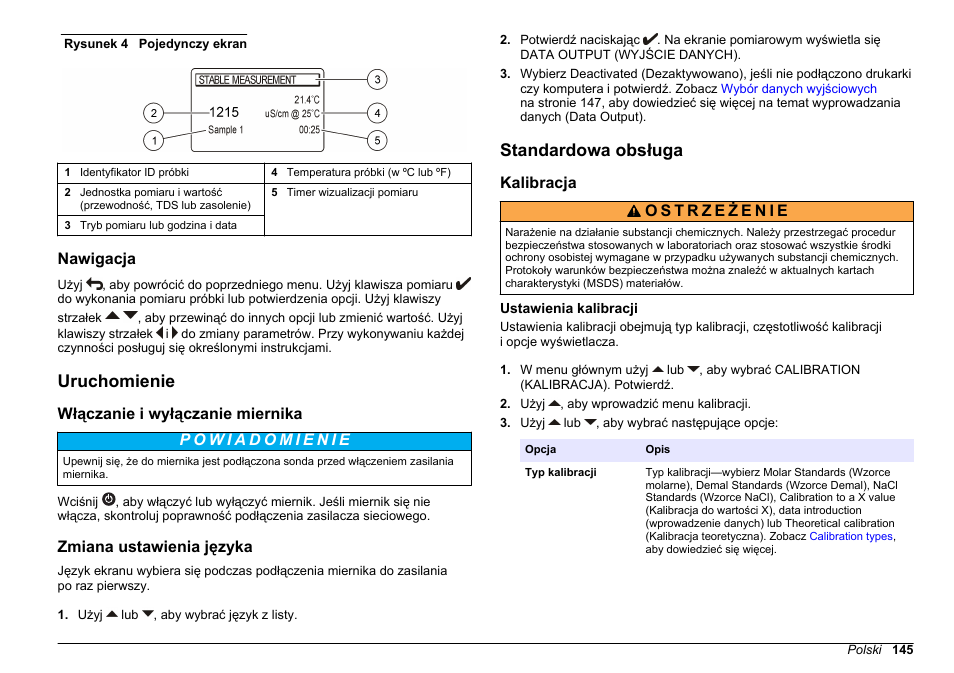 Nawigacja, Uruchomienie, Włączanie i wyłączanie miernika | Zmiana ustawienia języka, Standardowa obsługa, Kalibracja, Ustawienia kalibracji | Hach-Lange SENSION+ EC71 User Manual | Page 145 / 362