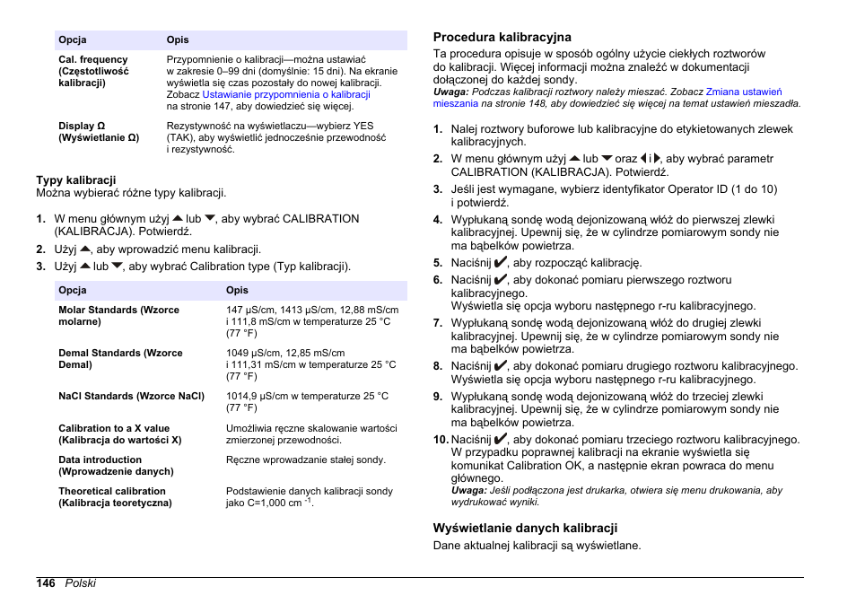 Typy kalibracji, Procedura kalibracyjna, Wyświetlanie danych kalibracji | Hach-Lange SENSION+ EC71 User Manual | Page 146 / 362