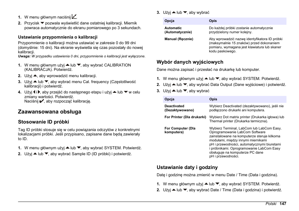 Ustawianie przypomnienia o kalibracji, Zaawansowana obsługa, Stosowanie id próbki | Wybór danych wyjściowych, Ustawianie daty i godziny | Hach-Lange SENSION+ EC71 User Manual | Page 147 / 362