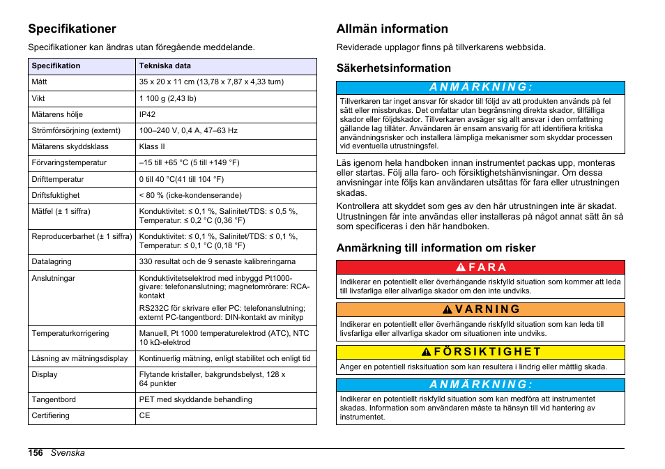 Bruksanvisning, Specifikationer, Allmän information | Säkerhetsinformation, Anmärkning till information om risker, Svenska | Hach-Lange SENSION+ EC71 User Manual | Page 156 / 362