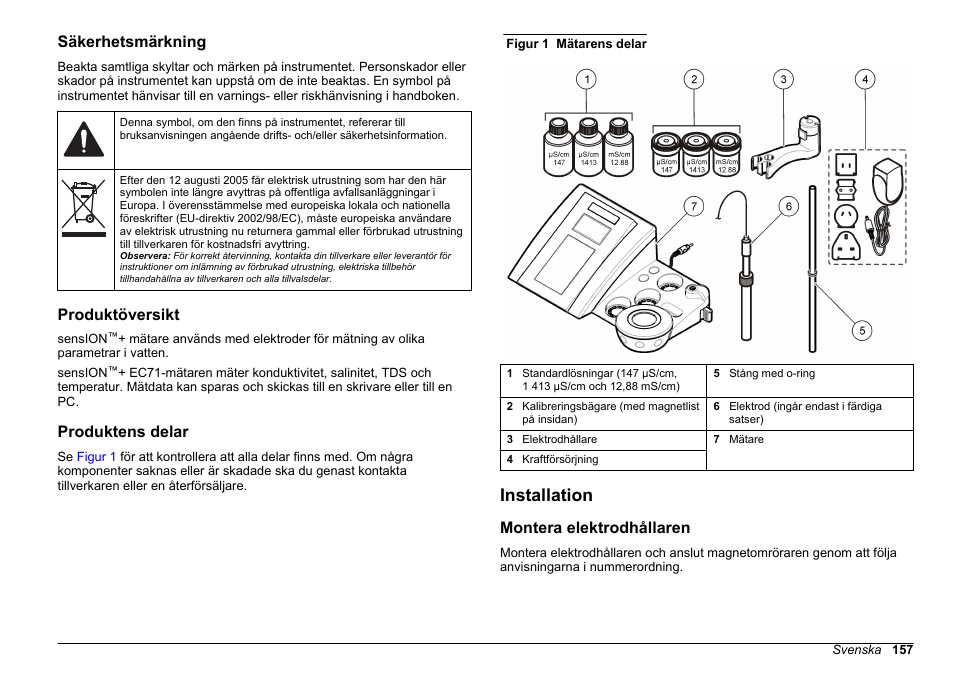 Säkerhetsmärkning, Produktöversikt, Produktens delar | Installation, Montera elektrodhållaren | Hach-Lange SENSION+ EC71 User Manual | Page 157 / 362