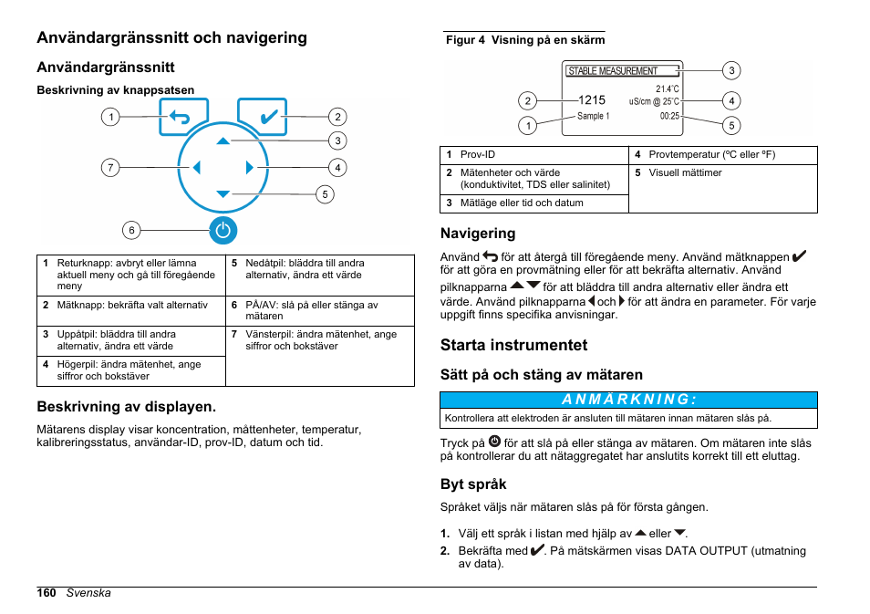 Användargränssnitt och navigering, Användargränssnitt, Beskrivning av displayen | Navigering, Starta instrumentet, Sätt på och stäng av mätaren, Byt språk | Hach-Lange SENSION+ EC71 User Manual | Page 160 / 362