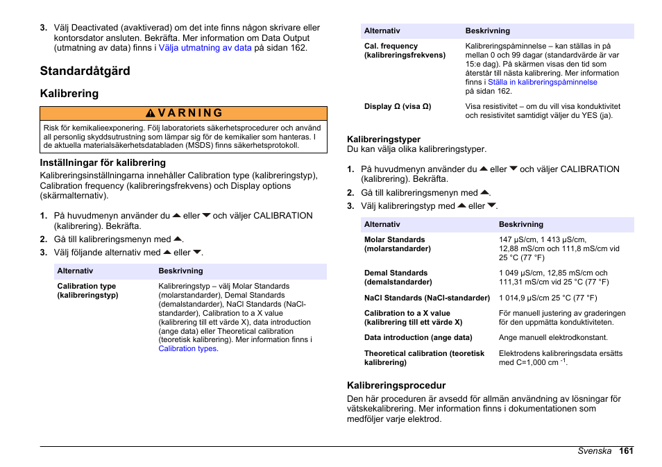 Standardåtgärd, Kalibrering, Inställningar för kalibrering | Kalibreringstyper, Kalibreringsprocedur | Hach-Lange SENSION+ EC71 User Manual | Page 161 / 362