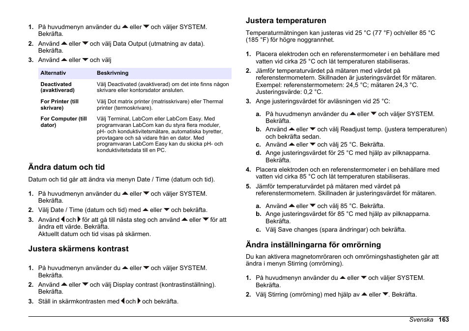 Ändra datum och tid, Justera skärmens kontrast, Justera temperaturen | Ändra inställningarna för omrörning | Hach-Lange SENSION+ EC71 User Manual | Page 163 / 362