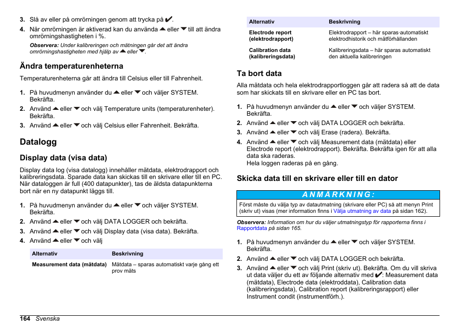 Ändra temperaturenheterna, Datalogg, Display data (visa data) | Ta bort data, Skicka data till en skrivare eller till en dator | Hach-Lange SENSION+ EC71 User Manual | Page 164 / 362