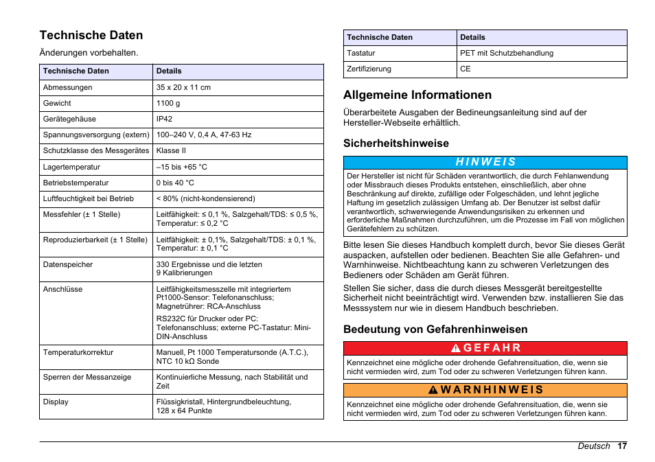 Bedienungsanleitung, Technische daten, Allgemeine informationen | Sicherheitshinweise, Bedeutung von gefahrenhinweisen, Deutsch | Hach-Lange SENSION+ EC71 User Manual | Page 17 / 362
