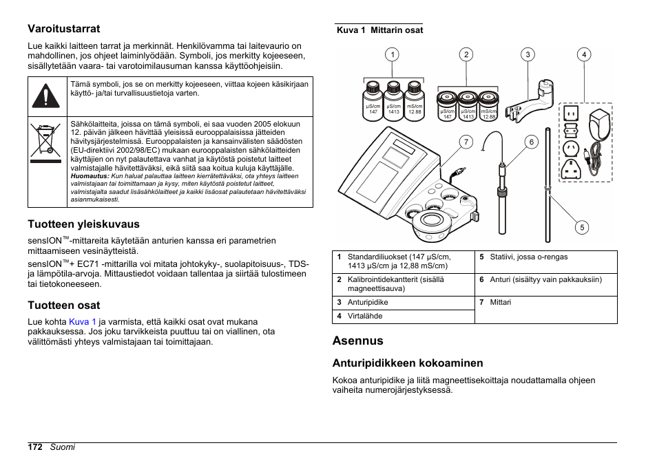 Varoitustarrat, Tuotteen yleiskuvaus, Tuotteen osat | Asennus, Anturipidikkeen kokoaminen | Hach-Lange SENSION+ EC71 User Manual | Page 172 / 362