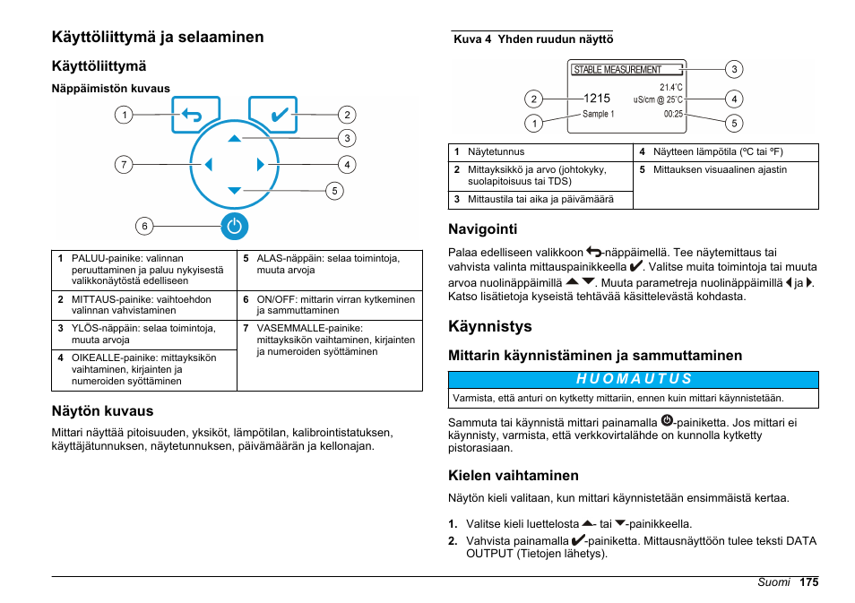 Käyttöliittymä ja selaaminen, Käyttöliittymä, Näytön kuvaus | Navigointi, Käynnistys, Mittarin käynnistäminen ja sammuttaminen, Kielen vaihtaminen | Hach-Lange SENSION+ EC71 User Manual | Page 175 / 362