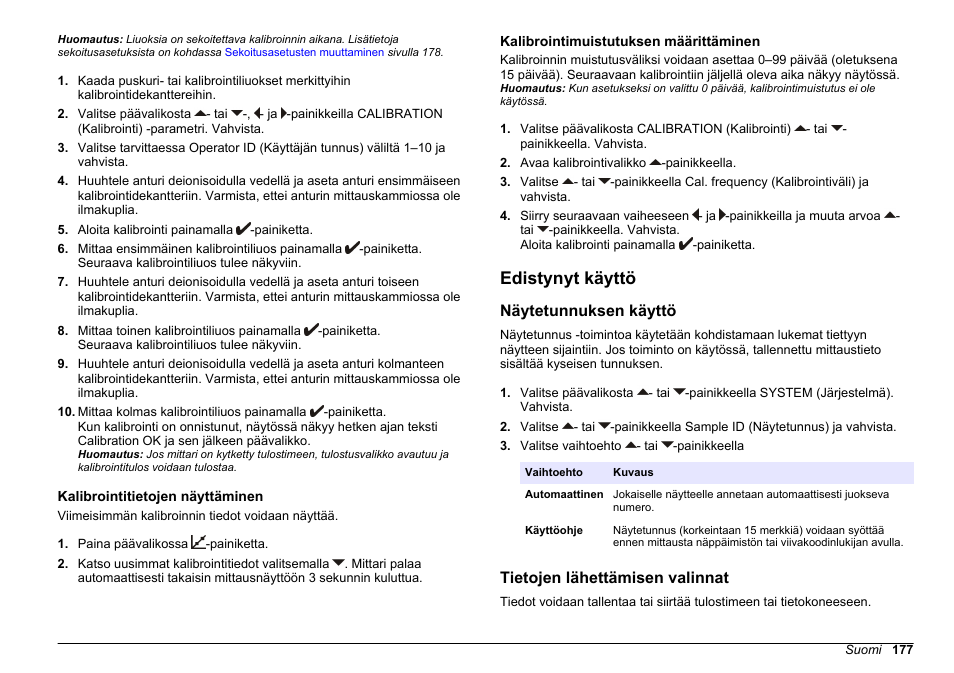 Kalibrointitietojen näyttäminen, Kalibrointimuistutuksen määrittäminen, Edistynyt käyttö | Näytetunnuksen käyttö, Tietojen lähettämisen valinnat, Lähettämisestä on kohdassa, Kalibrointimuistutuksen, Määrittäminen | Hach-Lange SENSION+ EC71 User Manual | Page 177 / 362