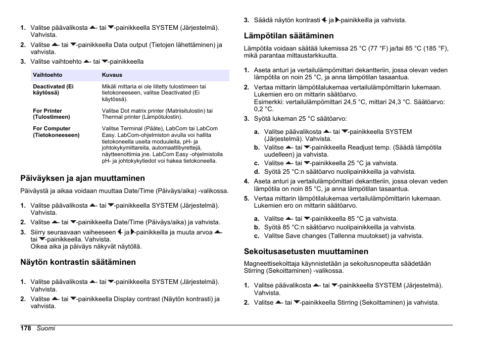 Päiväyksen ja ajan muuttaminen, Näytön kontrastin säätäminen, Lämpötilan säätäminen | Sekoitusasetusten muuttaminen | Hach-Lange SENSION+ EC71 User Manual | Page 178 / 362