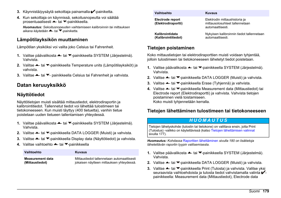Lämpötilayksikön muuttaminen, Datan keruuyksikkö, Näyttötiedot | Tietojen poistaminen | Hach-Lange SENSION+ EC71 User Manual | Page 179 / 362
