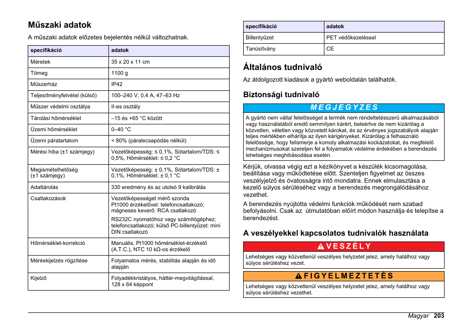 Használati útmutató, Műszaki adatok, Általános tudnivaló | Biztonsági tudnivaló, A veszélyekkel kapcsolatos tudnivalók használata, Magyar | Hach-Lange SENSION+ EC71 User Manual | Page 203 / 362