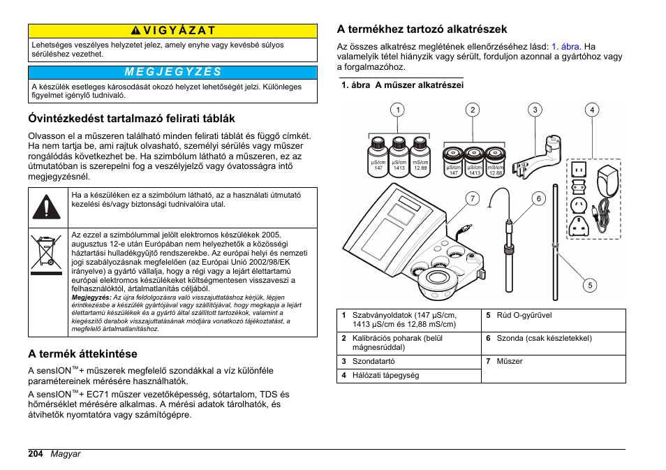 Óvintézkedést tartalmazó felirati táblák, A termék áttekintése, A termékhez tartozó alkatrészek | Hach-Lange SENSION+ EC71 User Manual | Page 204 / 362