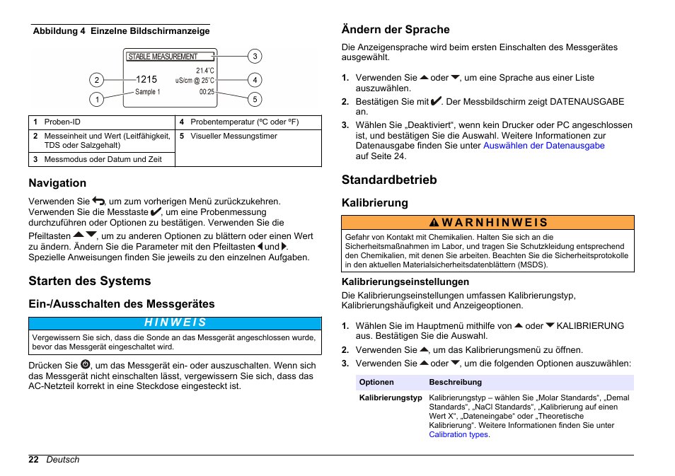 Navigation, Starten des systems, Ein-/‍ausschalten des messgerätes | Ändern der sprache, Standardbetrieb, Kalibrierung, Kalibrierungseinstellungen | Hach-Lange SENSION+ EC71 User Manual | Page 22 / 362