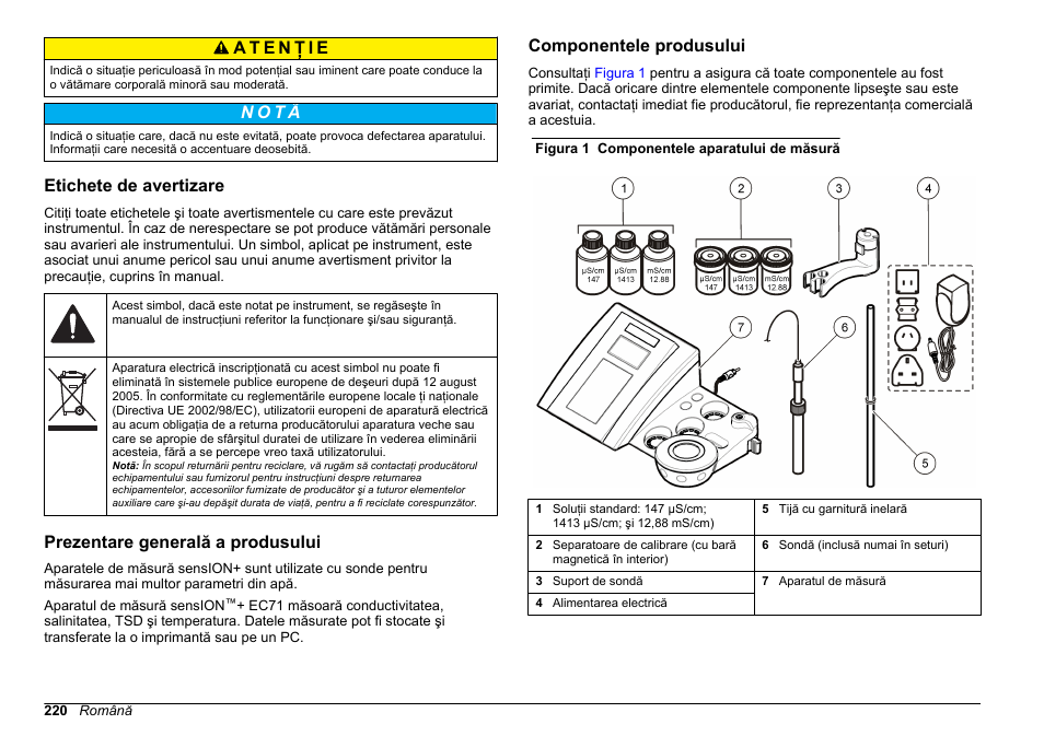 Etichete de avertizare, Prezentare generală a produsului, Componentele produsului | N o t ã | Hach-Lange SENSION+ EC71 User Manual | Page 220 / 362