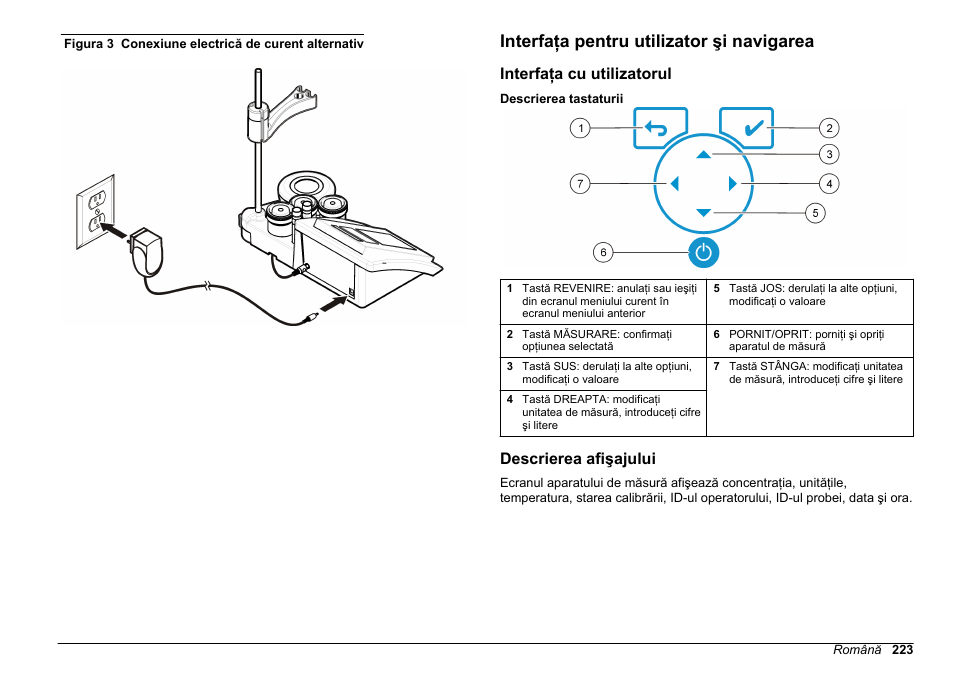 Interfaţa pentru utilizator şi navigarea, Interfaţa cu utilizatorul, Descrierea afişajului | Alternativ, Figura 3 | Hach-Lange SENSION+ EC71 User Manual | Page 223 / 362