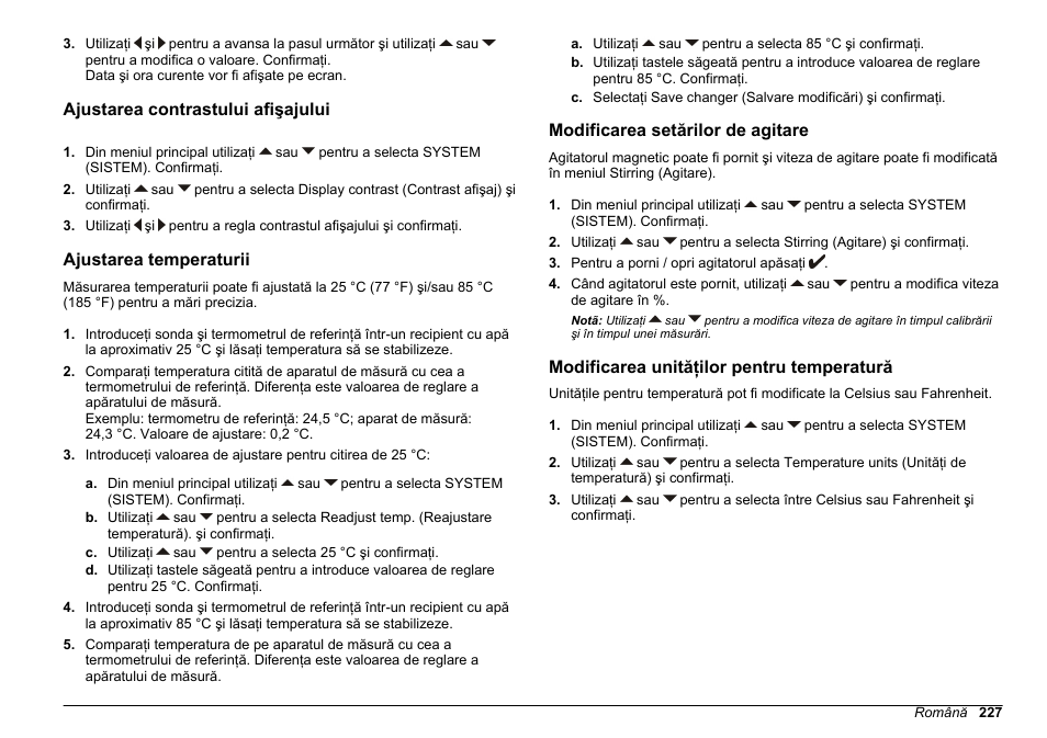 Ajustarea contrastului afişajului, Ajustarea temperaturii, Modificarea setărilor de agitare | Modificarea unităţilor pentru temperatură | Hach-Lange SENSION+ EC71 User Manual | Page 227 / 362