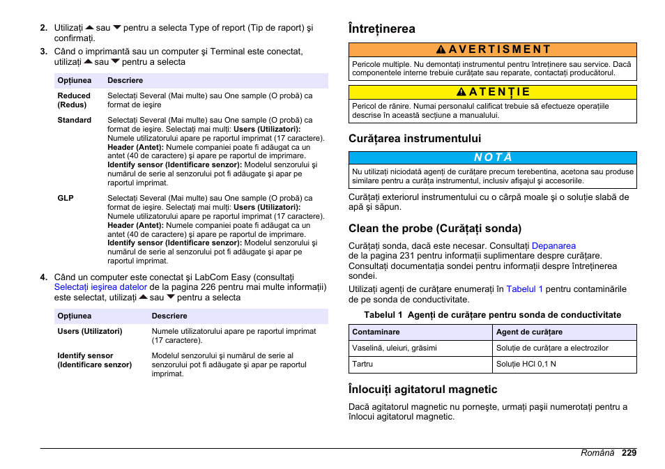 Întreţinerea, Curăţarea instrumentului, Clean the probe (curăţaţi sonda) | Înlocuiţi agitatorul magnetic | Hach-Lange SENSION+ EC71 User Manual | Page 229 / 362