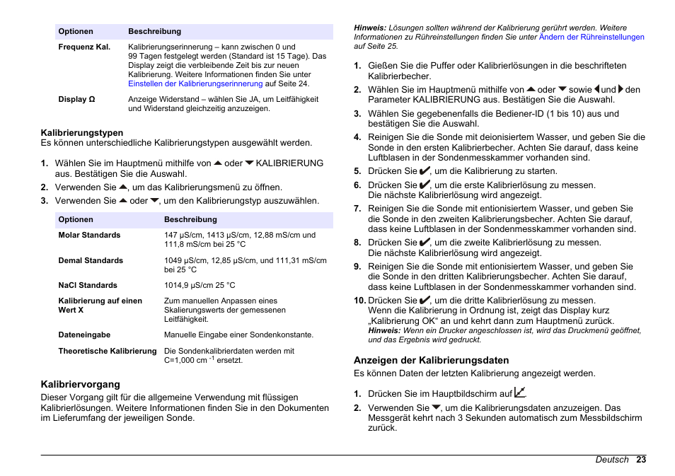 Kalibrierungstypen, Kalibriervorgang, Anzeigen der kalibrierungsdaten | Hach-Lange SENSION+ EC71 User Manual | Page 23 / 362