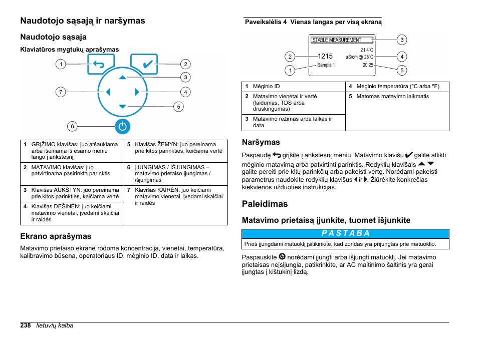 Naudotojo sąsają ir naršymas, Naudotojo sąsaja, Ekrano aprašymas | Naršymas, Paleidimas, Matavimo prietaisą įjunkite, tuomet išjunkite | Hach-Lange SENSION+ EC71 User Manual | Page 238 / 362