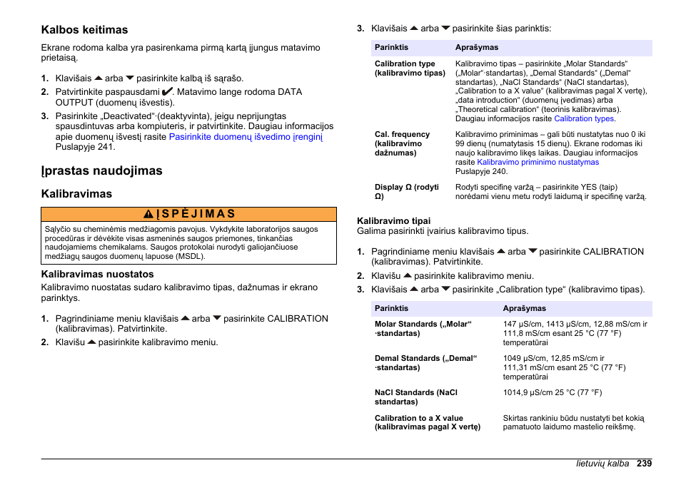 Kalbos keitimas, Įprastas naudojimas, Kalibravimas | Kalibravimas nuostatos, Kalibravimo tipai | Hach-Lange SENSION+ EC71 User Manual | Page 239 / 362