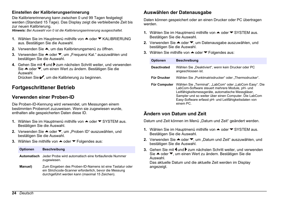 Einstellen der kalibrierungserinnerung, Fortgeschrittener betrieb, Verwenden einer proben-id | Auswählen der datenausgabe, Ändern von datum und zeit, Auf seite 24 | Hach-Lange SENSION+ EC71 User Manual | Page 24 / 362
