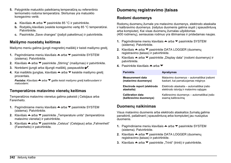 Maišymo nuostatų keitimas, Temperatūros matavimo vienetų keitimas, Duomenų registravimo įtaisas | Rodomi duomenys, Duomenų naikinimas | Hach-Lange SENSION+ EC71 User Manual | Page 242 / 362