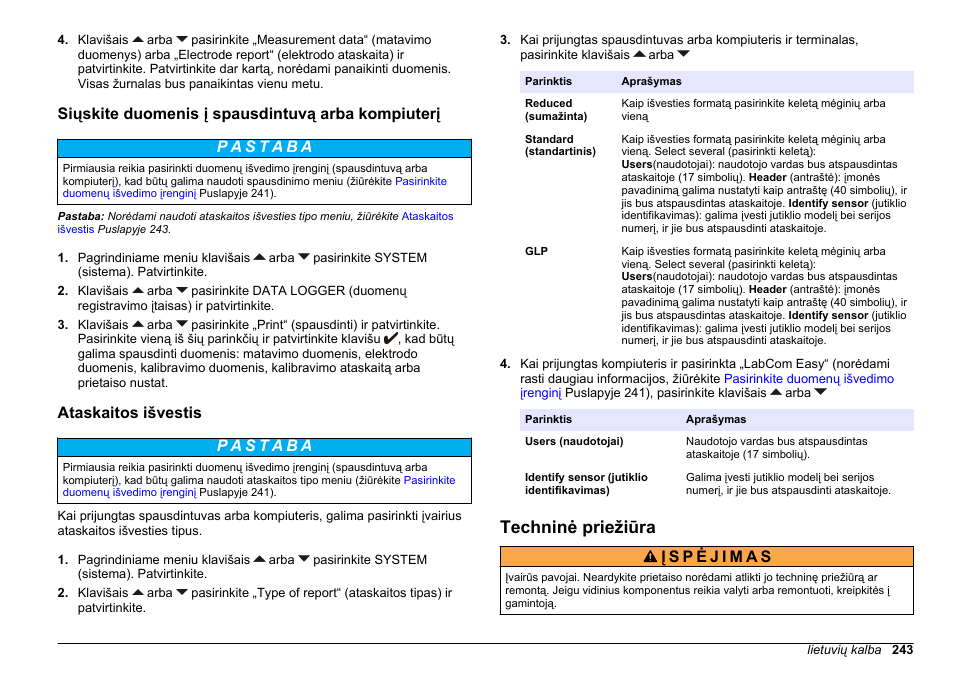 Siųskite duomenis į spausdintuvą arba kompiuterį, Ataskaitos išvestis, Techninė priežiūra | Hach-Lange SENSION+ EC71 User Manual | Page 243 / 362