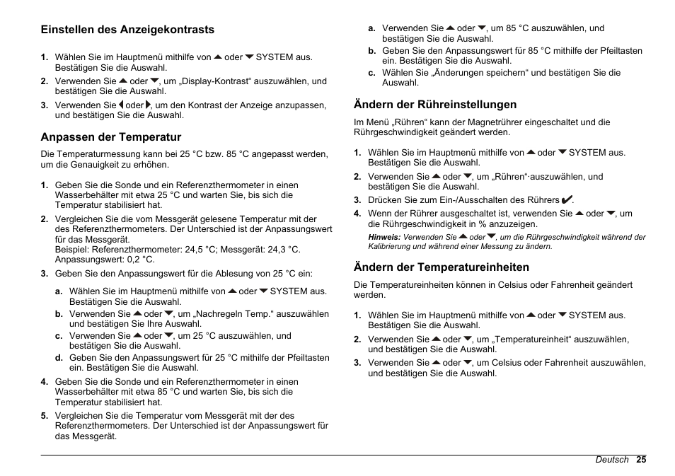 Einstellen des anzeigekontrasts, Anpassen der temperatur, Ändern der rühreinstellungen | Ändern der temperatureinheiten | Hach-Lange SENSION+ EC71 User Manual | Page 25 / 362