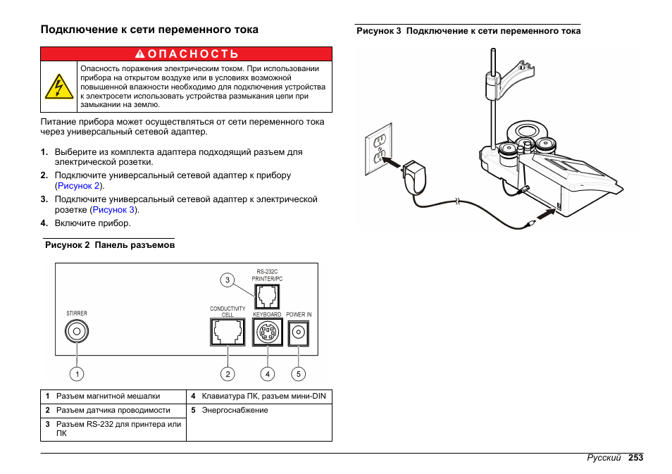 Подключение к сети переменного тока | Hach-Lange SENSION+ EC71 User Manual | Page 253 / 362