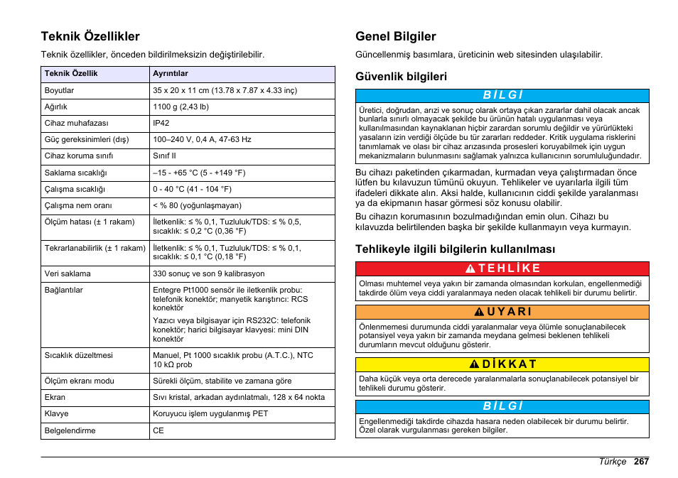 Kullanım kılavuzu, Teknik özellikler, Genel bilgiler | Güvenlik bilgileri, Tehlikeyle ilgili bilgilerin kullanılması, Türkçe | Hach-Lange SENSION+ EC71 User Manual | Page 267 / 362