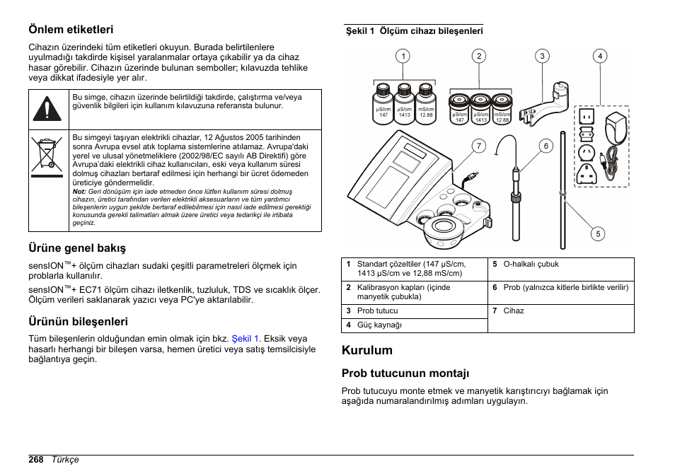 Önlem etiketleri, Ürüne genel bakış, Ürünün bileşenleri | Kurulum, Prob tutucunun montajı | Hach-Lange SENSION+ EC71 User Manual | Page 268 / 362