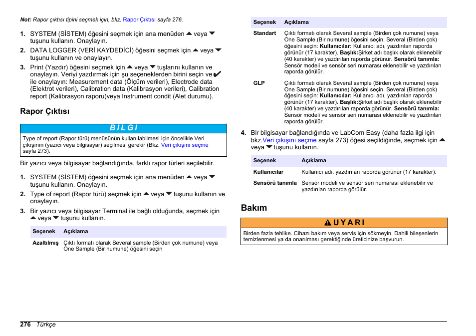 Rapor çıktısı, Bakım | Hach-Lange SENSION+ EC71 User Manual | Page 276 / 362