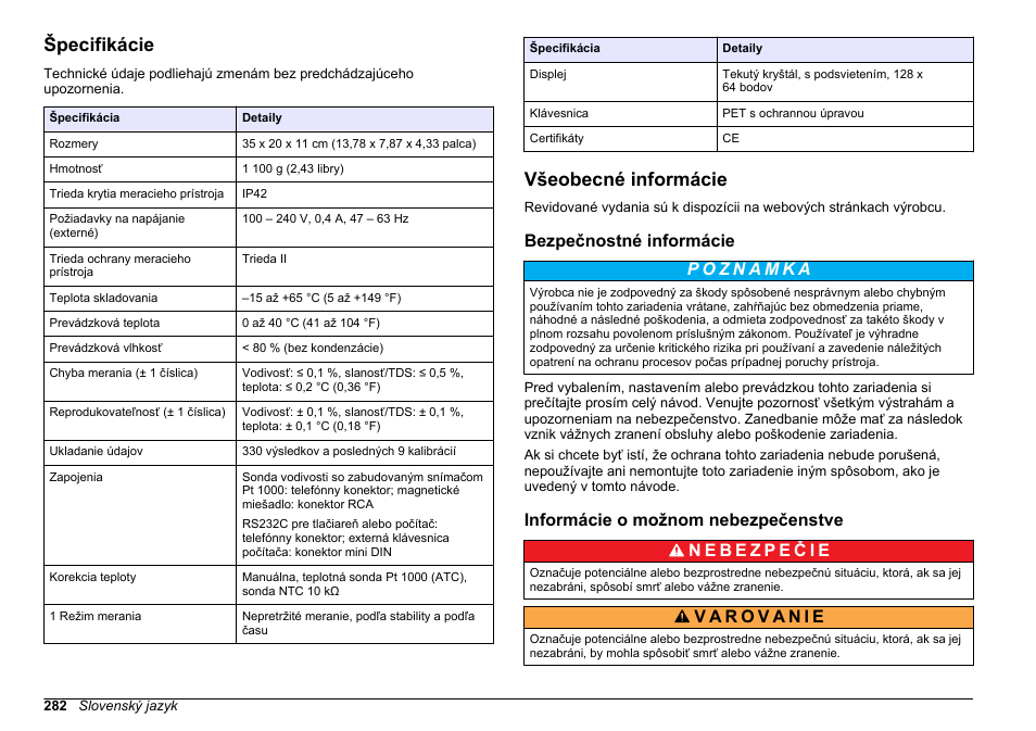 Návod na obsluhu, Špecifikácie, Všeobecné informácie | Bezpečnostné informácie, Informácie o možnom nebezpečenstve, Slovenský jazyk | Hach-Lange SENSION+ EC71 User Manual | Page 282 / 362