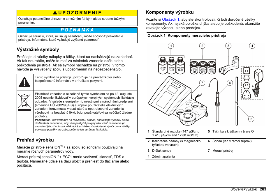 Výstražné symboly, Prehľad výrobku, Komponenty výrobku | Hach-Lange SENSION+ EC71 User Manual | Page 283 / 362