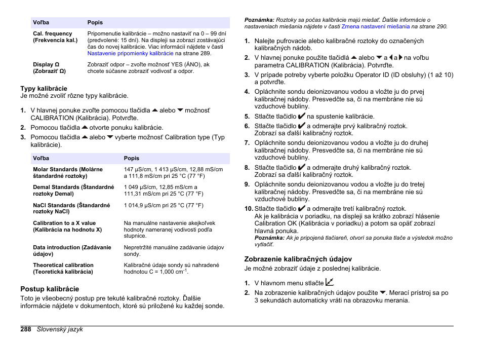 Typy kalibrácie, Postup kalibrácie, Zobrazenie kalibračných údajov | Hach-Lange SENSION+ EC71 User Manual | Page 288 / 362