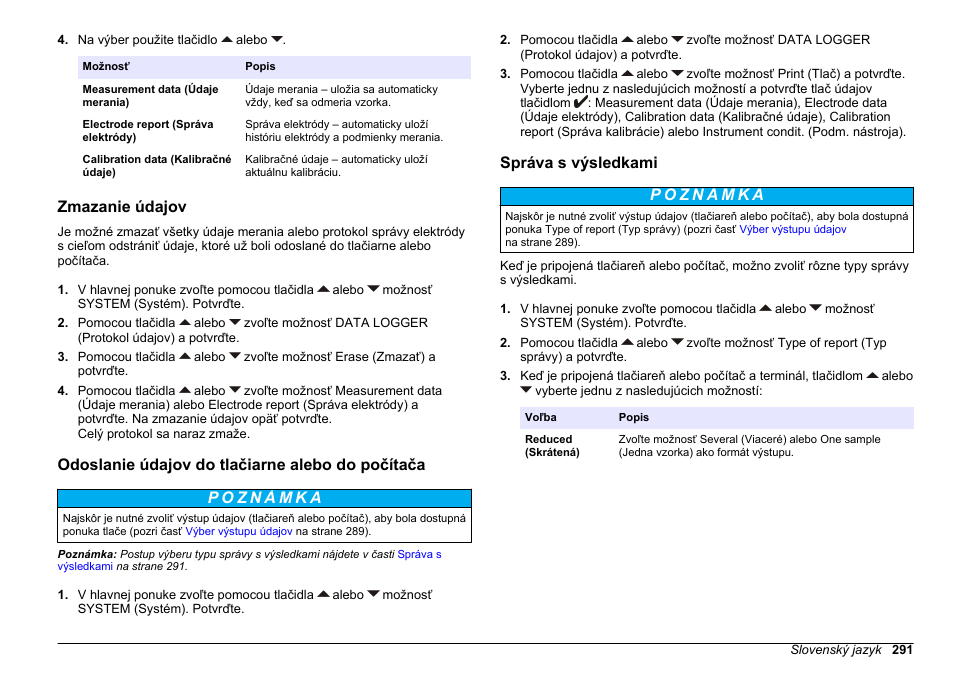 Zmazanie údajov, Odoslanie údajov do tlačiarne alebo do počítača, Správa s výsledkami | Hach-Lange SENSION+ EC71 User Manual | Page 291 / 362