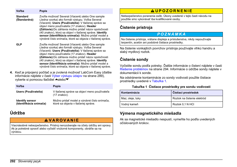 Údržba, Čistenie prístroja, Čistenie sondy | Výmena magnetického miešadla | Hach-Lange SENSION+ EC71 User Manual | Page 292 / 362
