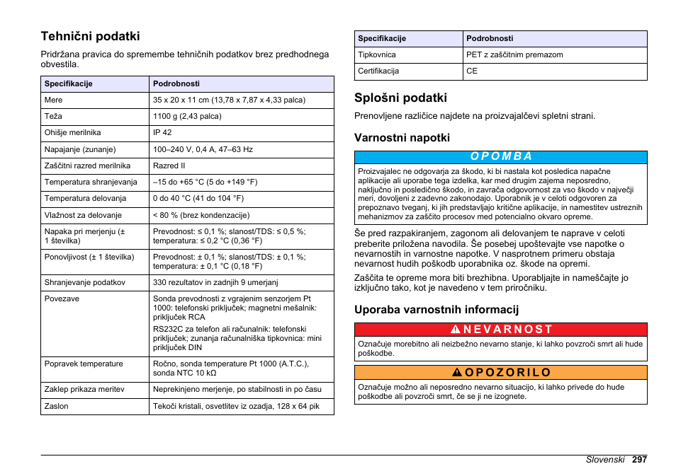 Navodila za uporabo, Tehnični podatki, Splošni podatki | Varnostni napotki, Uporaba varnostnih informacij, Slovenski | Hach-Lange SENSION+ EC71 User Manual | Page 297 / 362