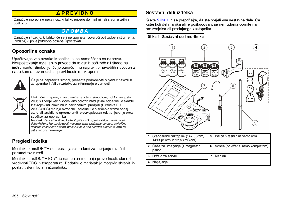 Opozorilne oznake, Pregled izdelka, Sestavni deli izdelka | Hach-Lange SENSION+ EC71 User Manual | Page 298 / 362