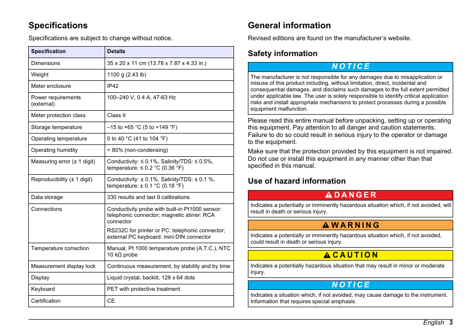 User manual, Specifications, General information | Safety information, Use of hazard information, English | Hach-Lange SENSION+ EC71 User Manual | Page 3 / 362