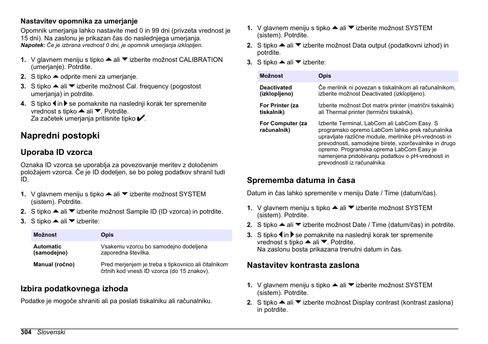 Nastavitev opomnika za umerjanje, Napredni postopki, Uporaba id vzorca | Izbira podatkovnega izhoda, Sprememba datuma in časa, Nastavitev kontrasta zaslona | Hach-Lange SENSION+ EC71 User Manual | Page 304 / 362