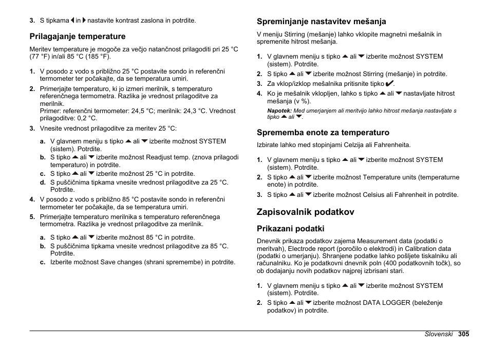 Prilagajanje temperature, Spreminjanje nastavitev mešanja, Sprememba enote za temperaturo | Zapisovalnik podatkov, Prikazani podatki | Hach-Lange SENSION+ EC71 User Manual | Page 305 / 362