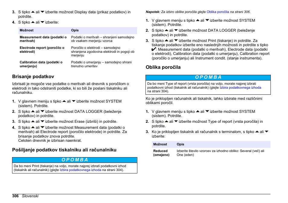 Brisanje podatkov, Pošiljanje podatkov tiskalniku ali računalniku, Oblika poročila | Hach-Lange SENSION+ EC71 User Manual | Page 306 / 362
