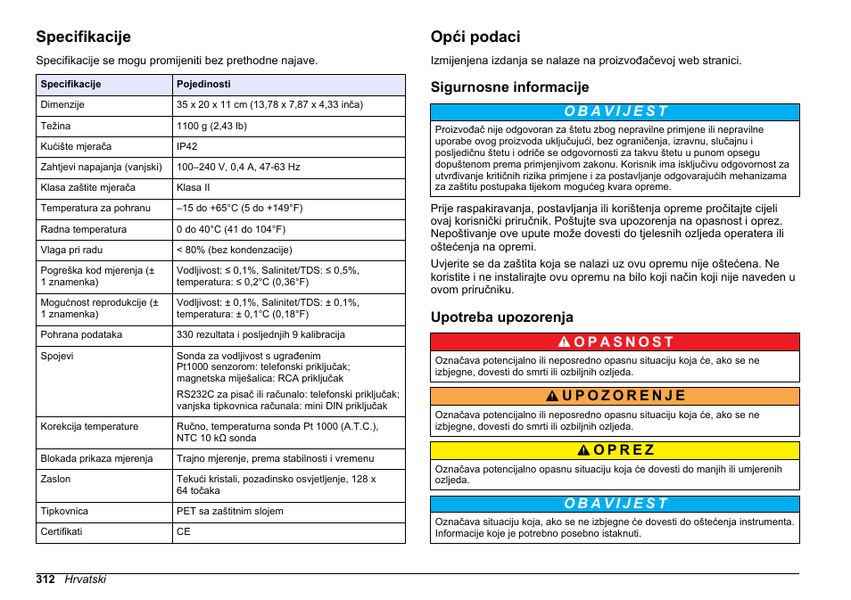 Korisnički priručnik, Specifikacije, Opći podaci | Sigurnosne informacije, Upotreba upozorenja, Hrvatski | Hach-Lange SENSION+ EC71 User Manual | Page 312 / 362