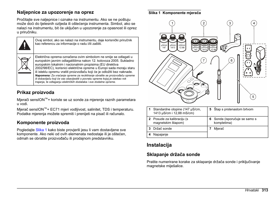 Naljepnice za upozorenje na oprez, Prikaz proizvoda, Komponente proizvoda | Instalacija, Sklapanje držača sonde | Hach-Lange SENSION+ EC71 User Manual | Page 313 / 362