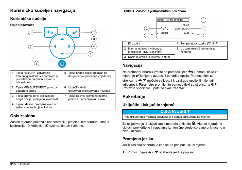 Korisničko sučelje i navigacija, Korisničko sučelje, Opis zaslona | Navigacija, Pokretanje, Uključite i isključite mjerač, Promjena jezika | Hach-Lange SENSION+ EC71 User Manual | Page 316 / 362