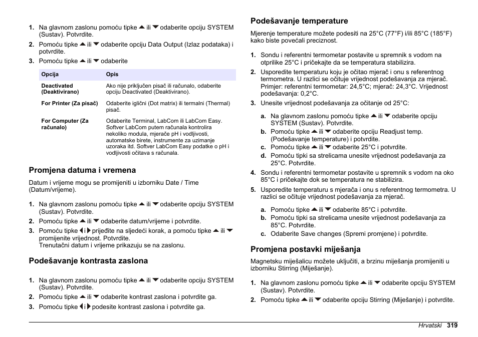 Promjena datuma i vremena, Podešavanje kontrasta zaslona, Podešavanje temperature | Promjena postavki miješanja | Hach-Lange SENSION+ EC71 User Manual | Page 319 / 362