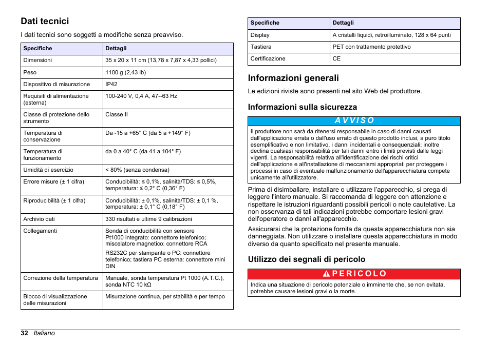 Manuale dell'utente, Dati tecnici, Informazioni generali | Informazioni sulla sicurezza, Utilizzo dei segnali di pericolo, Italiano | Hach-Lange SENSION+ EC71 User Manual | Page 32 / 362